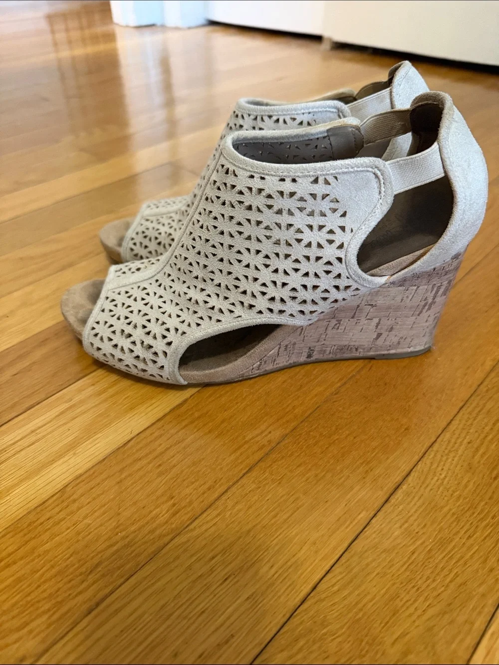 Life Stride Taupe Laser-Cut Peep-Toe Wedge Sandals